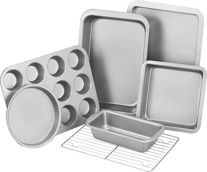 KITESSENSU Baking Pans Sets, Nonstick Bakeware Set 7-Piece with Round/Square Cake Pan, Loaf Pan, Muffin Pan, Cookie Sheet, Roast Pan, Cooling Rack, Carbon Steel Bake Set Silver