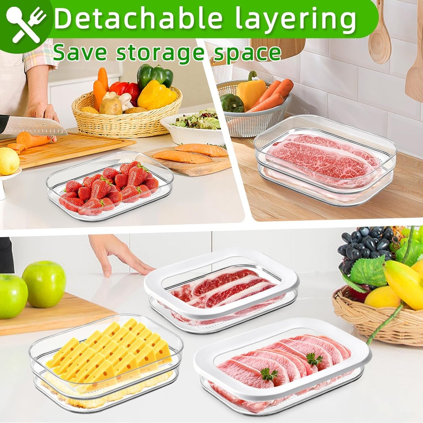 Deli Containers with Lids - Deli Containers for Refrigerator, Storage Box for Fridge - Cheese,Bacon,Meat,Fruit & Veggie Storage Containers, BPA Free Stackable Fridge Organizers with 2 Lids & Clamp