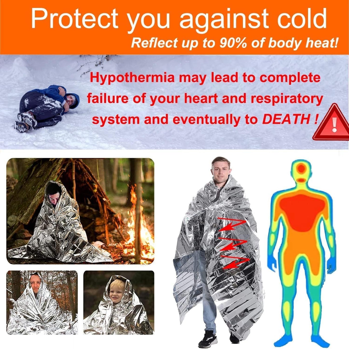 10 Pcs Emergency Blanket, Mylar Thermal Blanket, Use As Life Tent, Survival Shelter, Survival Tarp, 130 * 210cm Aluminum Film Poncho, Reusable Space Shelter, for Camping