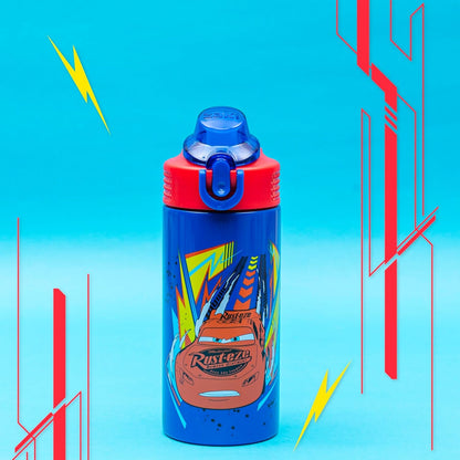 Zak Designs Disney Pixar Cars Sage Kids Water Bottle For School or Travel, 14oz Stainless Steel Water Bottle With Straw, Handle, and Leak-Proof, Pop-Up Spout Cover (Lightning McQueen)