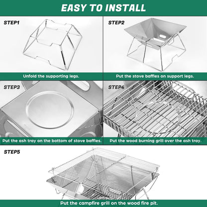 Odoland Collapsible Campfire Grill Camping Fire Pit, 304 Stainless Steel Grill Gate, Portable Camping Grill with Carrying Bag for Outdoor Backpacking Hiking BBQ