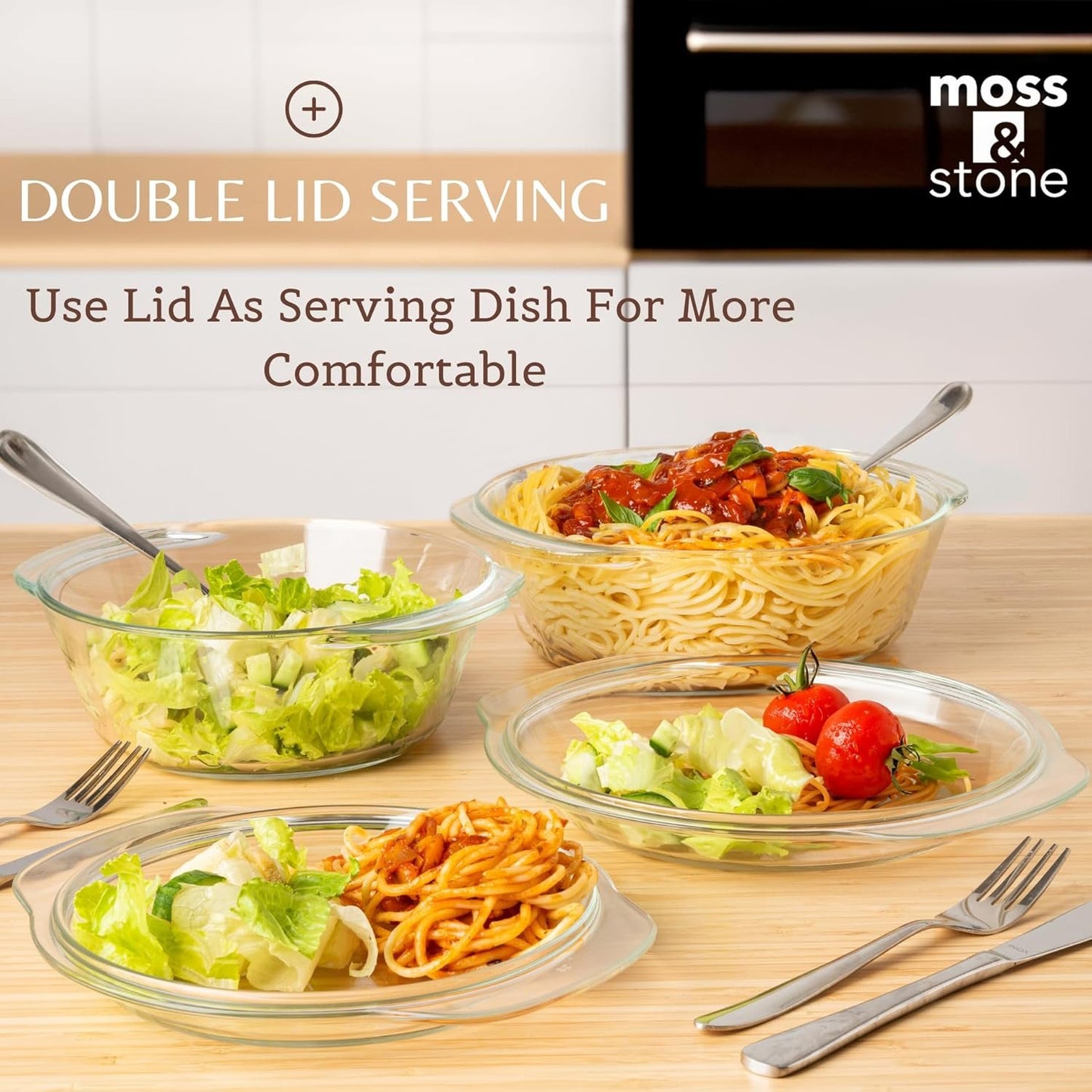 Moss & Stone Basics 3-Piece Glass Casserole With Covered, Borosilicate Glass Durable Bakeware Set, Glass Bowls Bakeware Dish Oven Safe & Microwave Safe, Clear Glass Baking Dish, 3 Round Casserole Dish With Lid