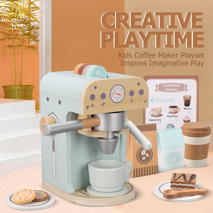 Pithfor Kids Wooden Coffee Maker Toy, Wooden Play Kitchen Appliances & Accessories Toy for Kids Toddlers, Gift for Girls Boys