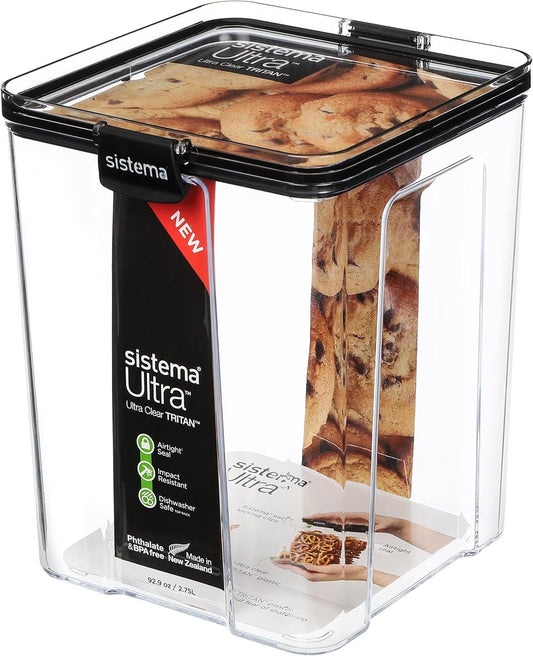 Sistema Ultra Tritan Airtight Pantry Storage Container | 2.75 Litre Large Food Storage Container | Stackable | with Locking Clips | BPA-Free | Clear with Black Accents