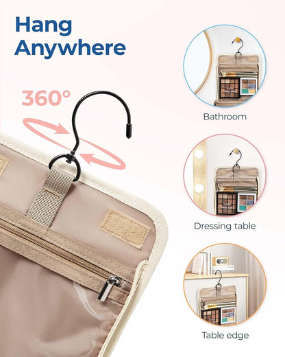 BAGSMART Travel Makeup Bag, Cosmetic Bag Make Up Organizer Case, Large Capacity Water-Resistant Organizer for Toiletries Accessories Brushes Sponge, with Hanging Hook and Handle, Beige