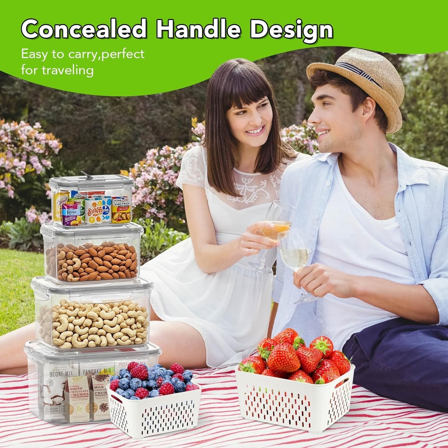 5 PCS Fruit Storage Containers for Fridge, 5 Sizes (13oz-140oz) Leakproof & Airtight with Silicone Seal, Draining Colander, Food Grade BPA-Free, Keep Fruits Vegetables Fresh for Camping, Kitchen