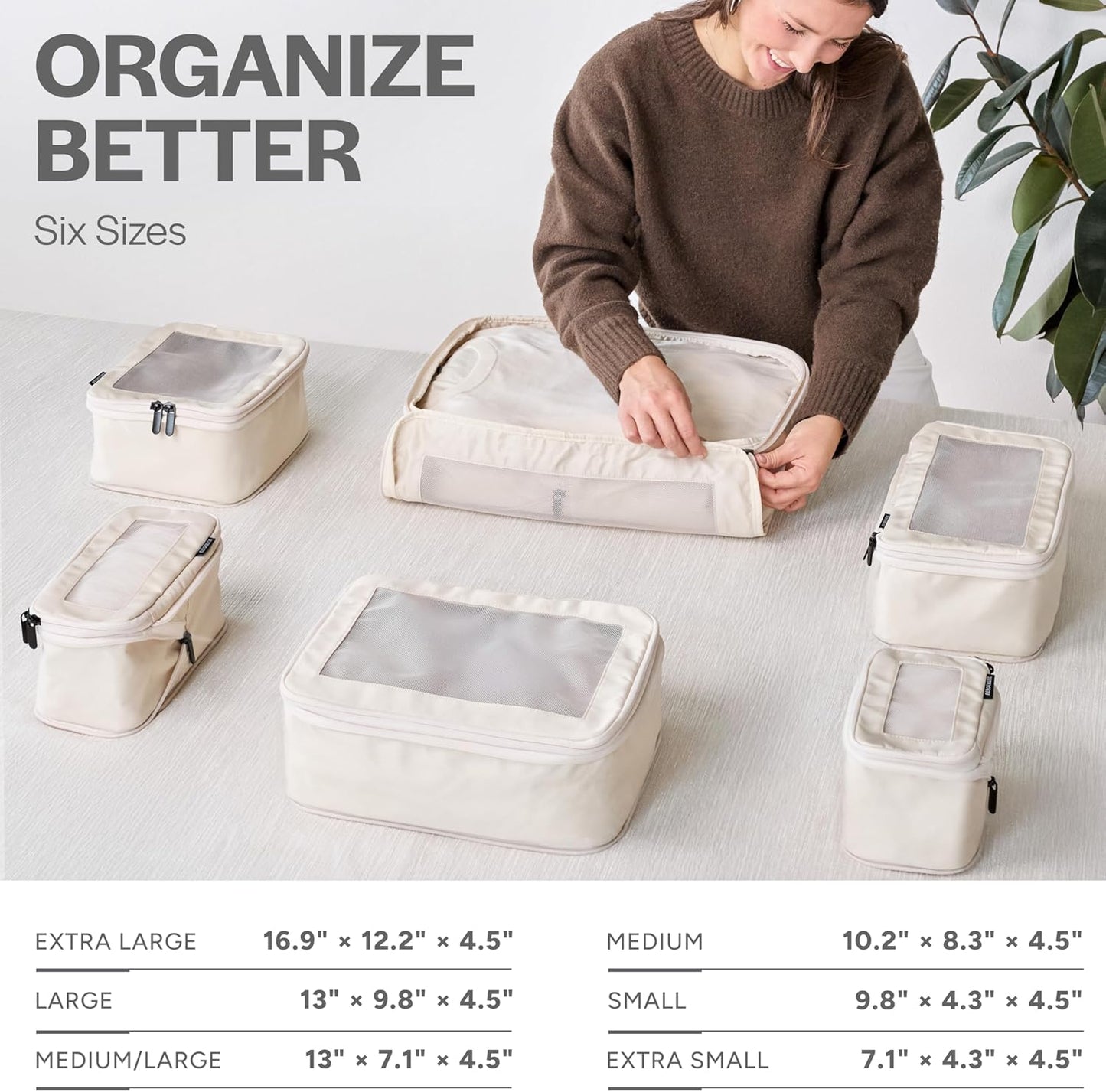 Aerotrunk Travel Cubes Compression Luggage Organizer Double Zipper Suitcase Storage Cubes (Pack of 6, Beige)