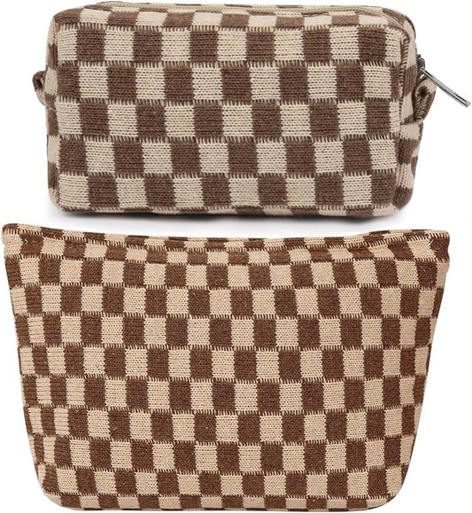 H HOME-MART 2 Pieces Checkered Makeup Bag Large Cosmetic Bag Capacity Canvas Mix Travel Toiletry Bag Organizer for Purse Portable Zipper Make Up Pouch Small Cosmetic Case