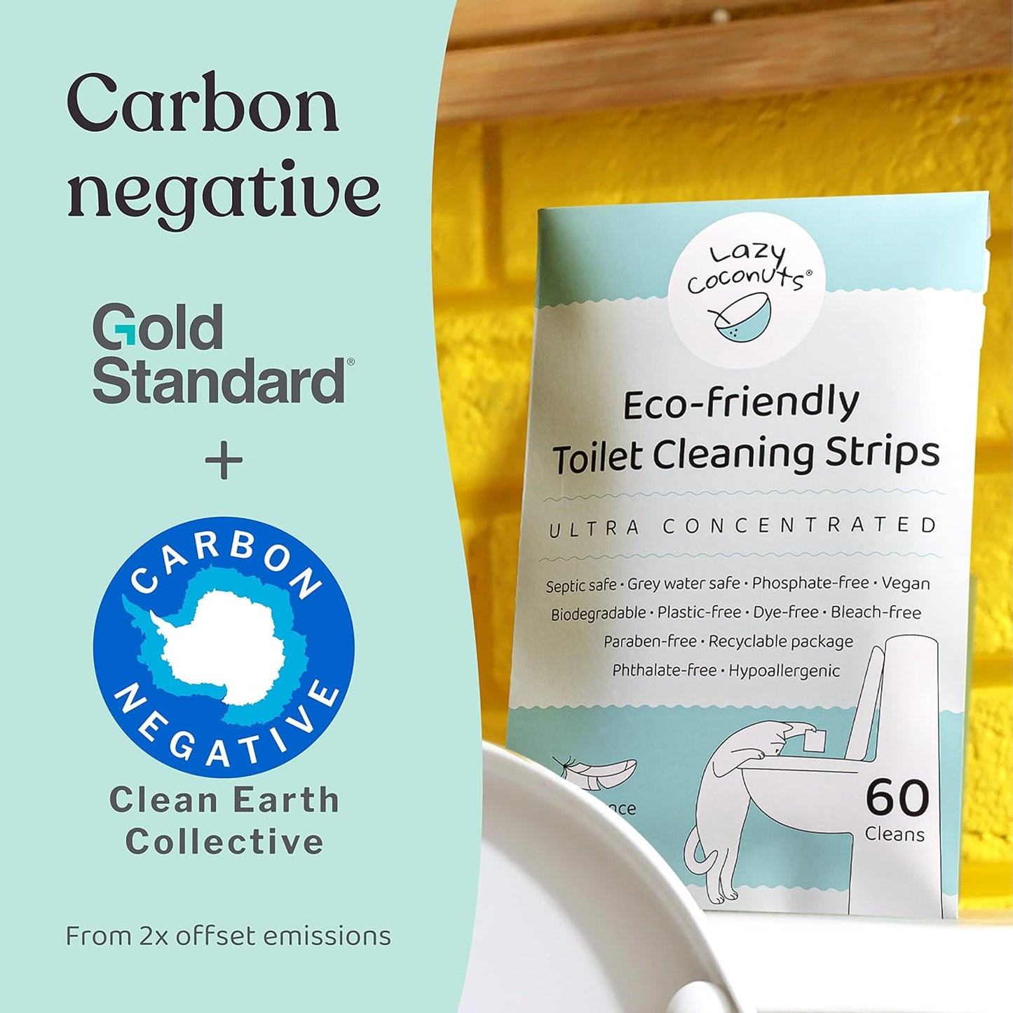 Lazy Coconuts Toilet Bowl Cleaner Strips - 60 Cleans, Plastic-free, Dye-free, With Lemon Essential Oil