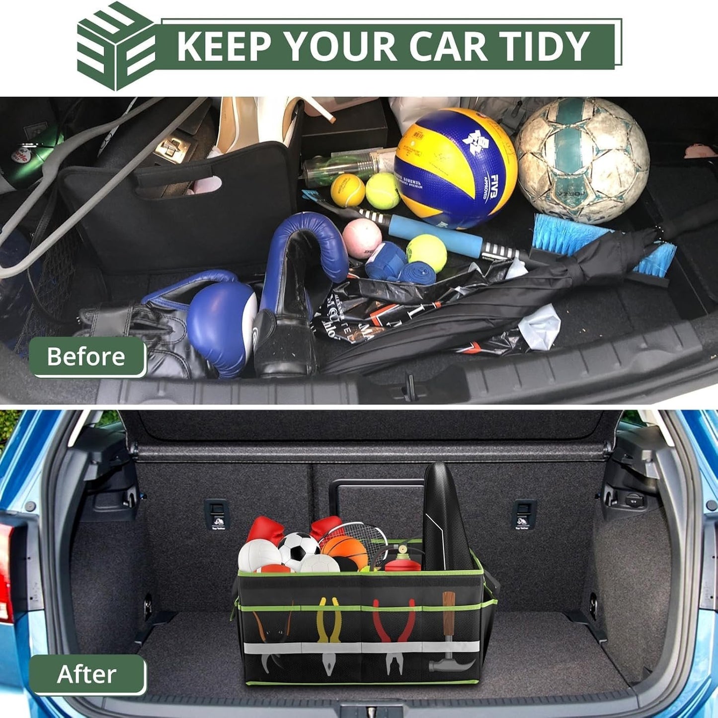 EYPINS Car Trunk Organizer Waterproof - 55x32.5x28 cm Collapsible Multi-Compartment Car Organizers with Lid, Dual Carry Handles Trunk Storage Box with 12 Pockets for SUV Truck Sedan Backseat