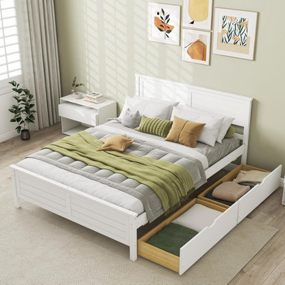 KOMFOTT Full Size Wood Bed Frame with 2 Storage Drawers, Mid Century Platform Bed Frame with Headboard, Sturdy Wooden Slats Support, Modern Mattress Foundation, No Box Spring Required, Easy Assembly