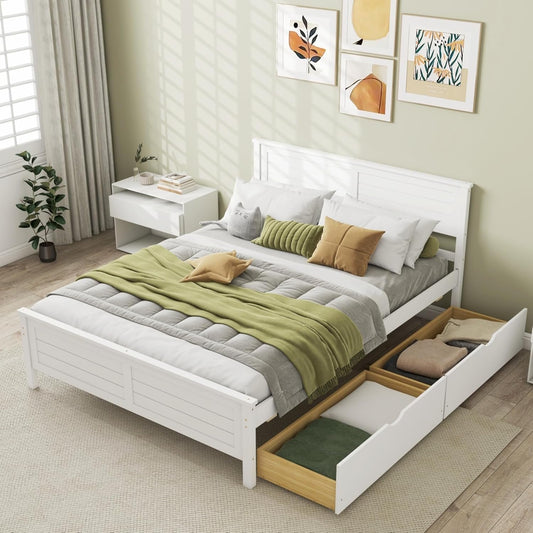 KOMFOTT Full Size Wood Bed Frame with 2 Storage Drawers, Mid Century Platform Bed Frame with Headboard, Sturdy Wooden Slats Support, Modern Mattress Foundation, No Box Spring Required, Easy Assembly