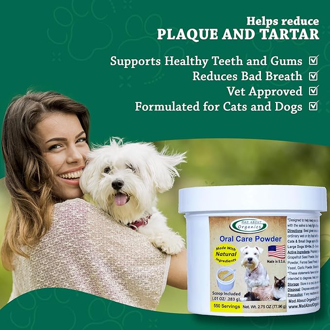 Dog or Cat Oral Care Powder – Tartar and Plaque Remover, Pet Dental Cleaning Powder for Oral Hygiene and Fresh Breath, Teeth Cleaner – 550 Servings, Medium Size - 77.96g