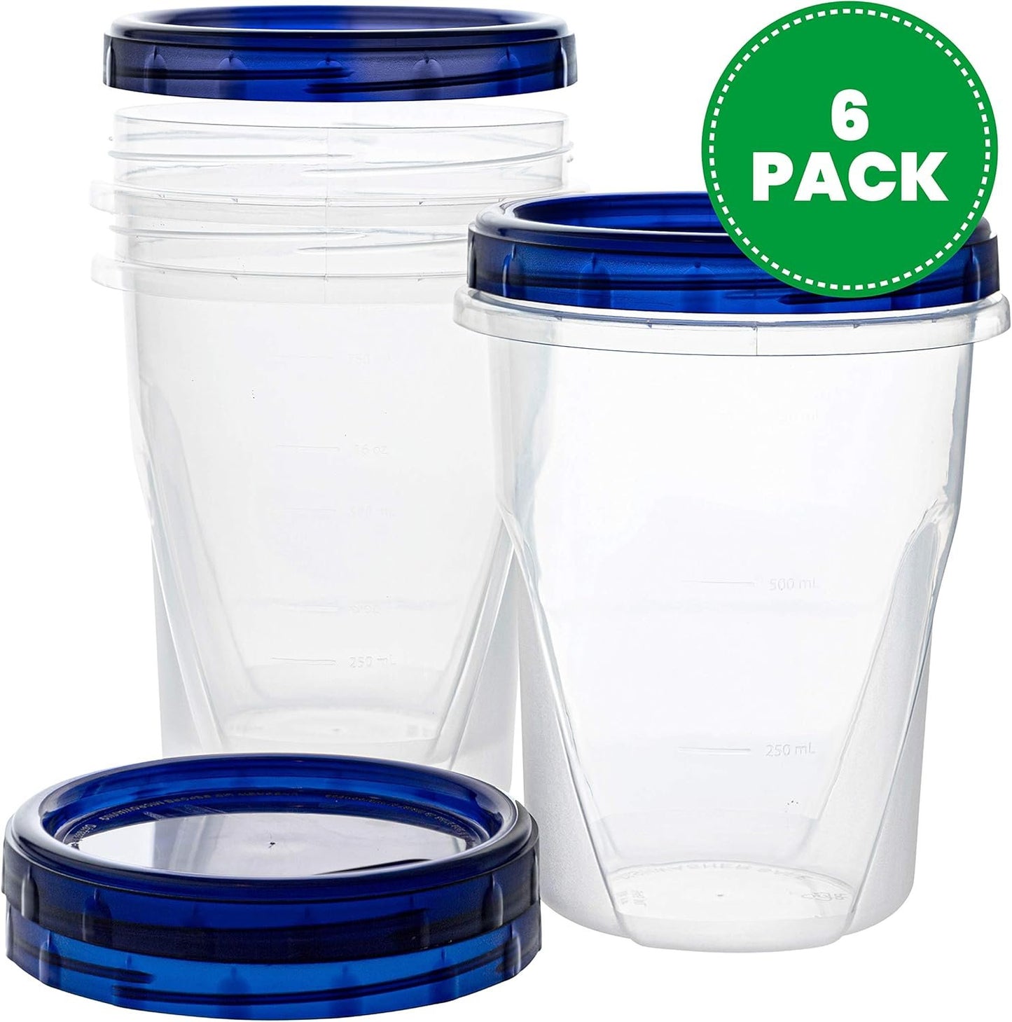 PLASTICPRO Food Storage Freezer Deli Containers Clear bottom With blue Top Twist on Lids Reusable, Stackable,[32 oz 6 Pack]