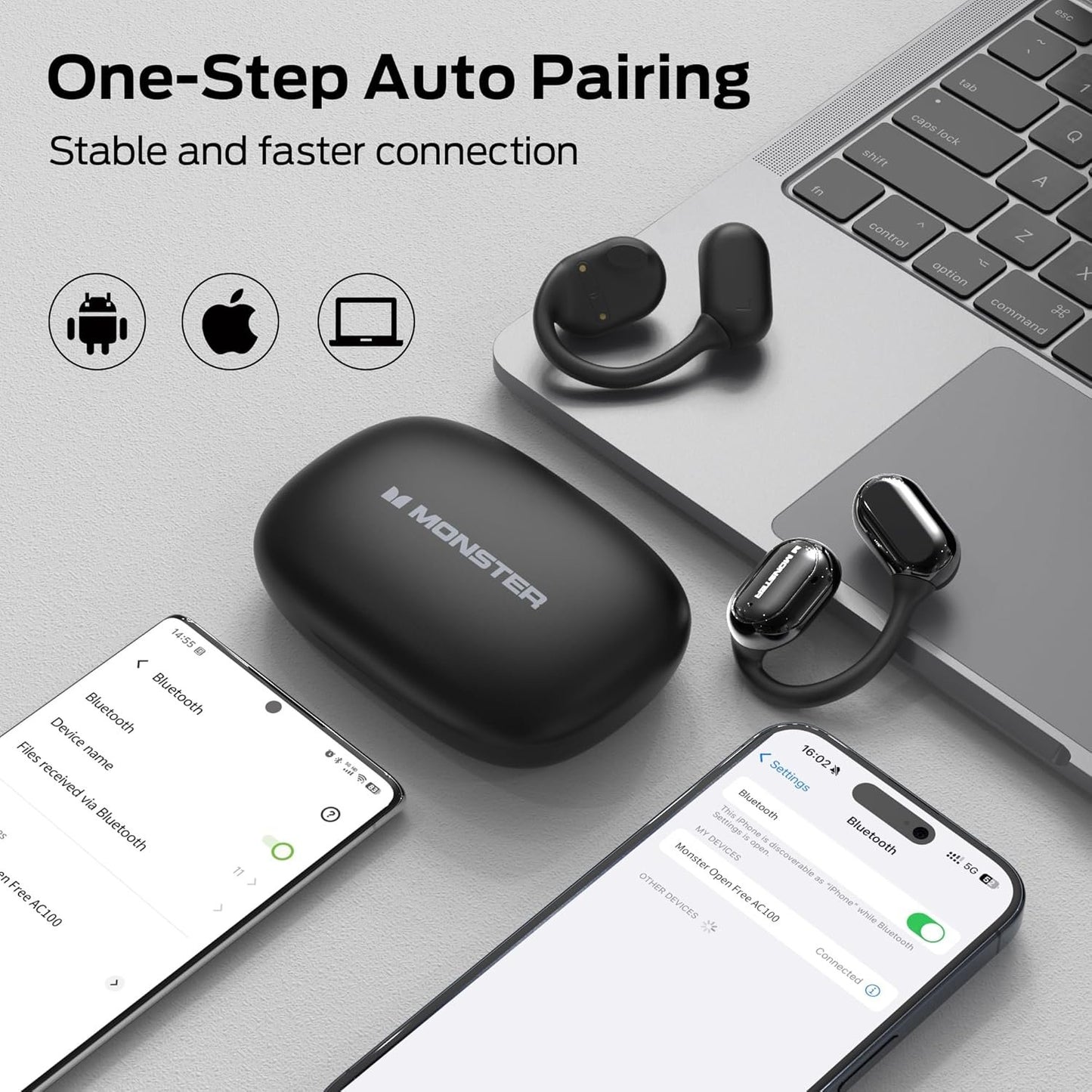 Monster Open Free AC100 Open Ear Headphones, Bluetooth 5.3 Wireless Headphones with Earhooks, Immersive Stereo Sound by Dual Large Driver, Clear Talk, 30H Playtime,Waterproof Sport Earbuds for Running
