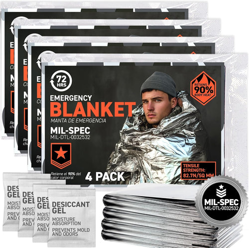 72 HRS MIL-SPEC Emergency Space Blankets Mylar Survival or Emergency Thermal Blankets for Camping, Hiking, Marathon, First Aid, Emergency Preparedness, Extreme Weather, Shelter (4-Pack)