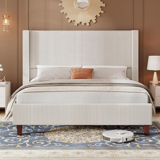 Jocisland Corduroy Upholstered Tufted Bed Frame, King Size Tall Headboard Platform Bed Frame with Wingback Headboard, Solid Wood Legs, No Box Spring Needed, Beige