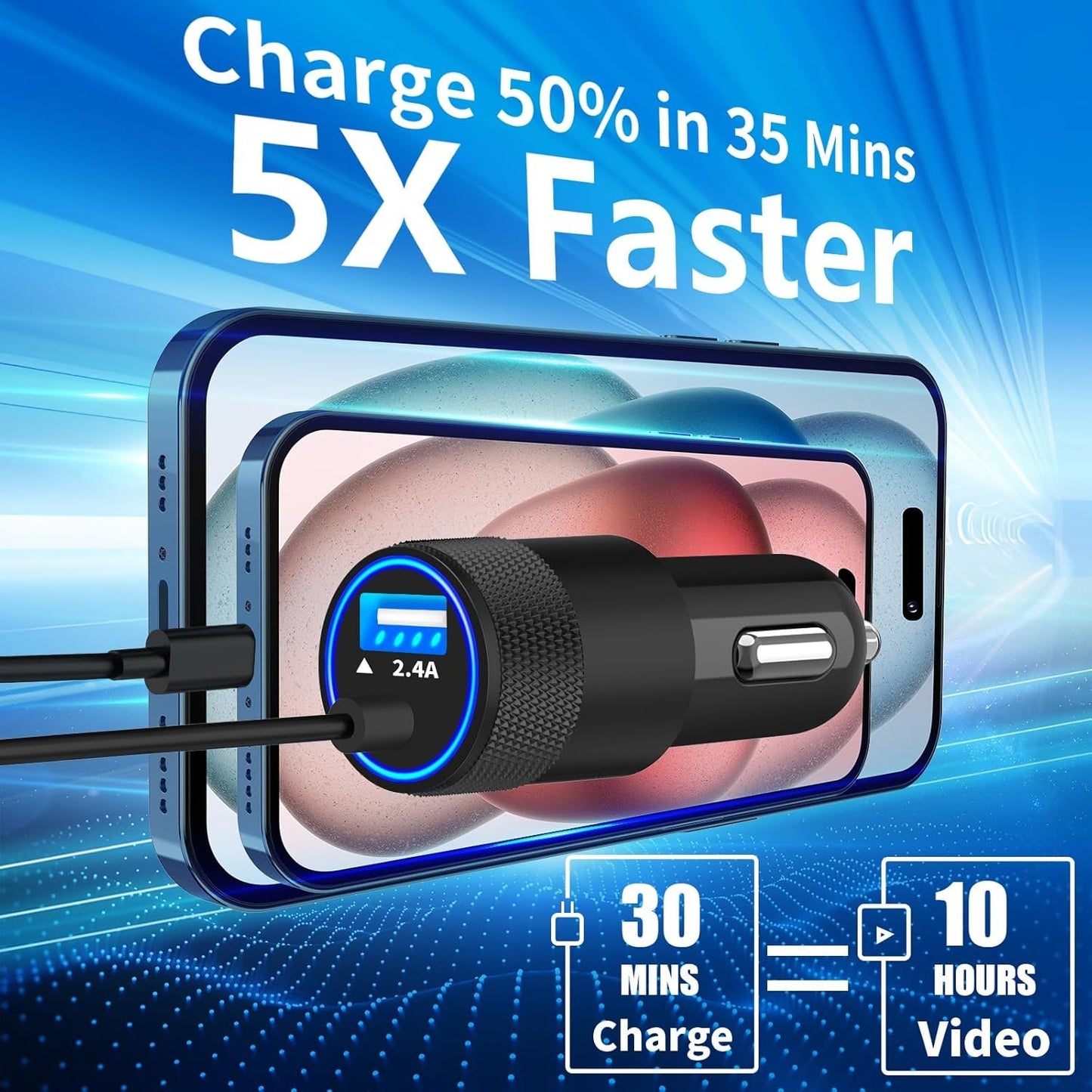 [Apple MFi Certified] iPhone Car Charger Fast Charging, Braveridge 4.8A Dual USB Power Cigarette Lighter Car Charger Adapter with 6FT Lightning Coiled Cable for iPhone 14 13 12 11 Pro/XS/XR/SE/X/iPad