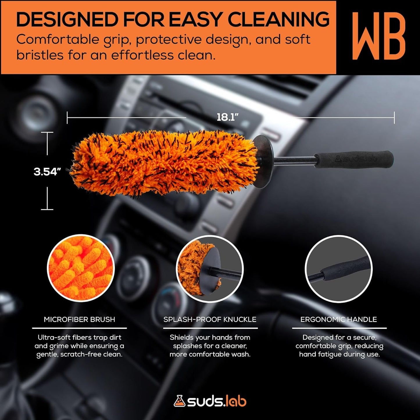 Suds Lab WB Premium Microfiber Wheel Cleaning Brush, Ultra-Soft Scratch-Free Car Detailing Tool for Rims, Tires, and Wheels, Ergonomic Handle, Machine Washable, Safe for All Vehicle Types, Reusable