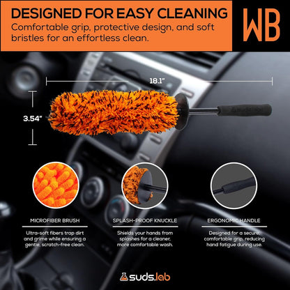 Suds Lab WB Premium Microfiber Wheel Cleaning Brush, Ultra-Soft Scratch-Free Car Detailing Tool for Rims, Tires, and Wheels, Ergonomic Handle, Machine Washable, Safe for All Vehicle Types, Reusable