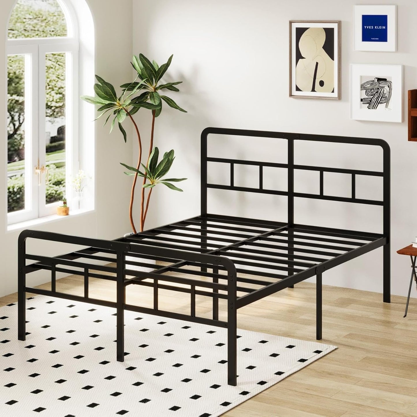 Richwanone 16 inch Queen Bed Frame with Headboard and Footboard, Metal Platform with Steel Slat Support, No Box Spring Needed, Easy Assembly, Black
