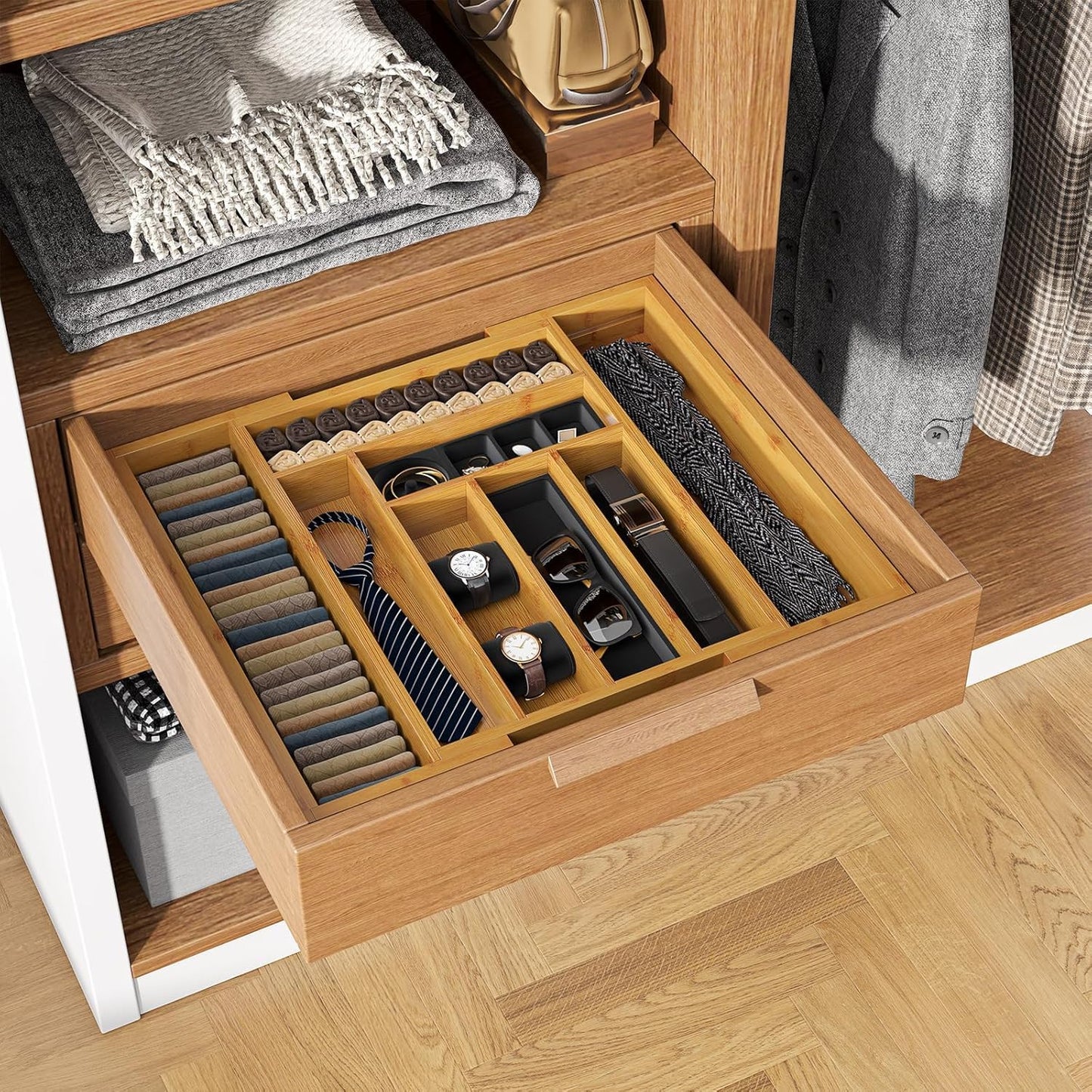 Utensil Drawer Organizer - 3" Deep 100% Bamboo Wooden Expandable Adjustable Kitchen Silverware Flatware Cutlery and Accessories Home Pantry Storage Organization Tray with Magnetic Lock