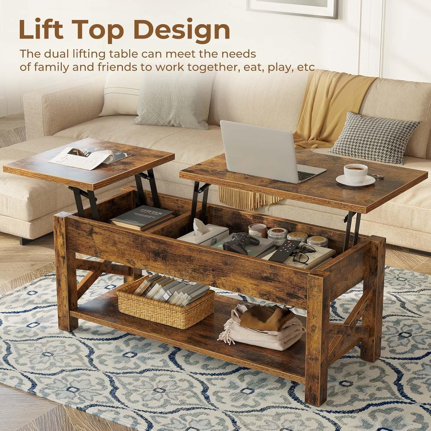 Rolanstar Coffee Table, 47.2" Lift Top Coffee Table with Hidden Compartment, 2 Way Lift Top Coffee Table with Open Shelf & X Wooded Support, Farmhouse Center Table for Living Room, Rustic Brown