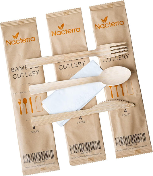 Nacterra Eco-Friendly Disposable Cutlery Set - Biodegradable Wooden Spoons, Forks, and Knives with 1 Napkin - 50 Packs - All Natural Bamboo Dinnerware Set
