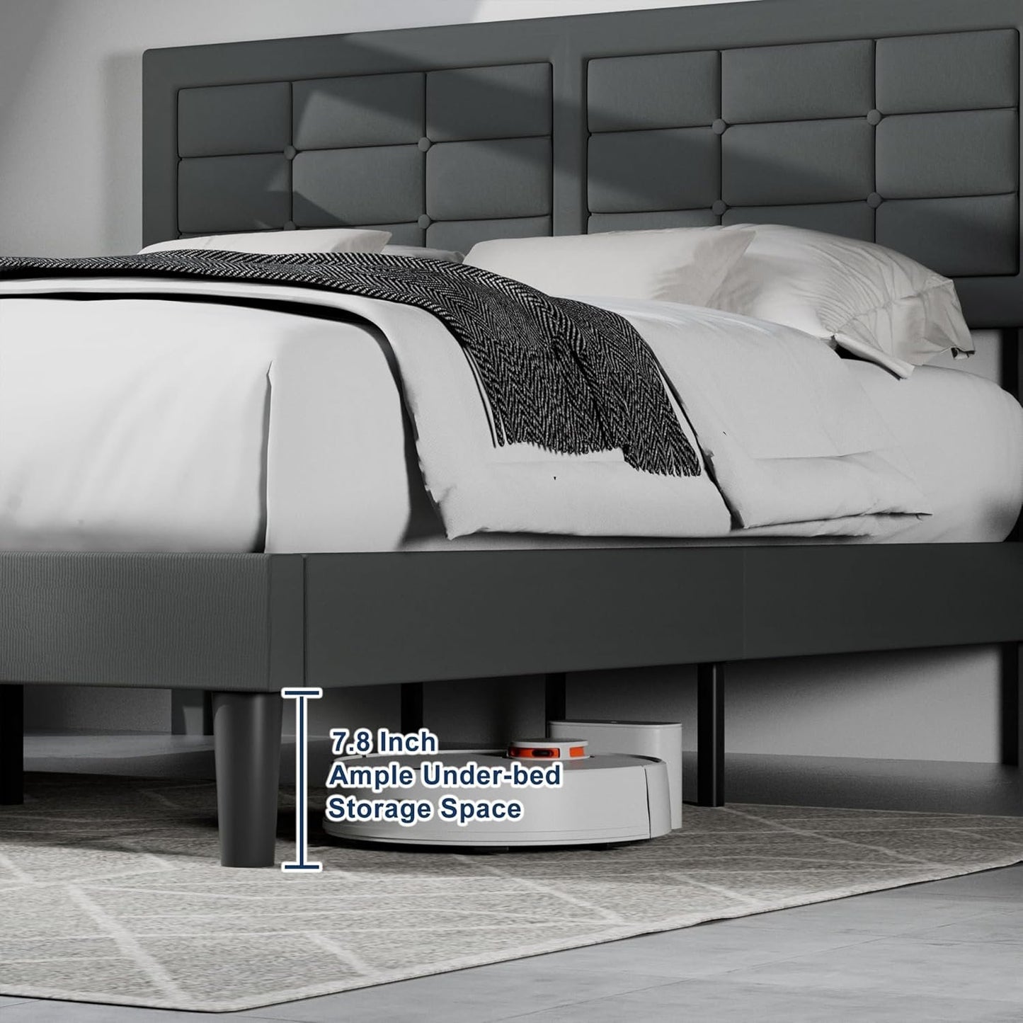 VECELO Queen Size Upholstered Bed Frame with Height Adjustable Fabric Headboard, Heavy-Duty Platform Bedframe/Mattress Foundation/Strong Wood Slat Support/No Box Spring Needed, Grey