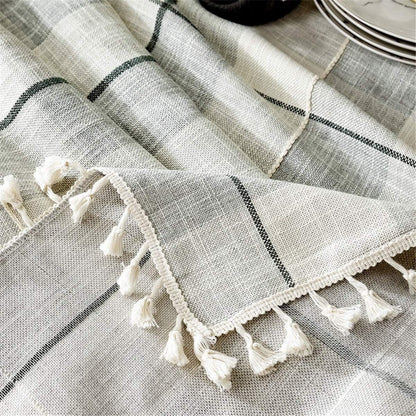 Fhberni Round Tassel Plaid Tablecloth, Heavy Weight Cotton Linen Fabric Table Cover for Kitchen Dining Tabletop Decoration, Off White & Grey, 60" Round