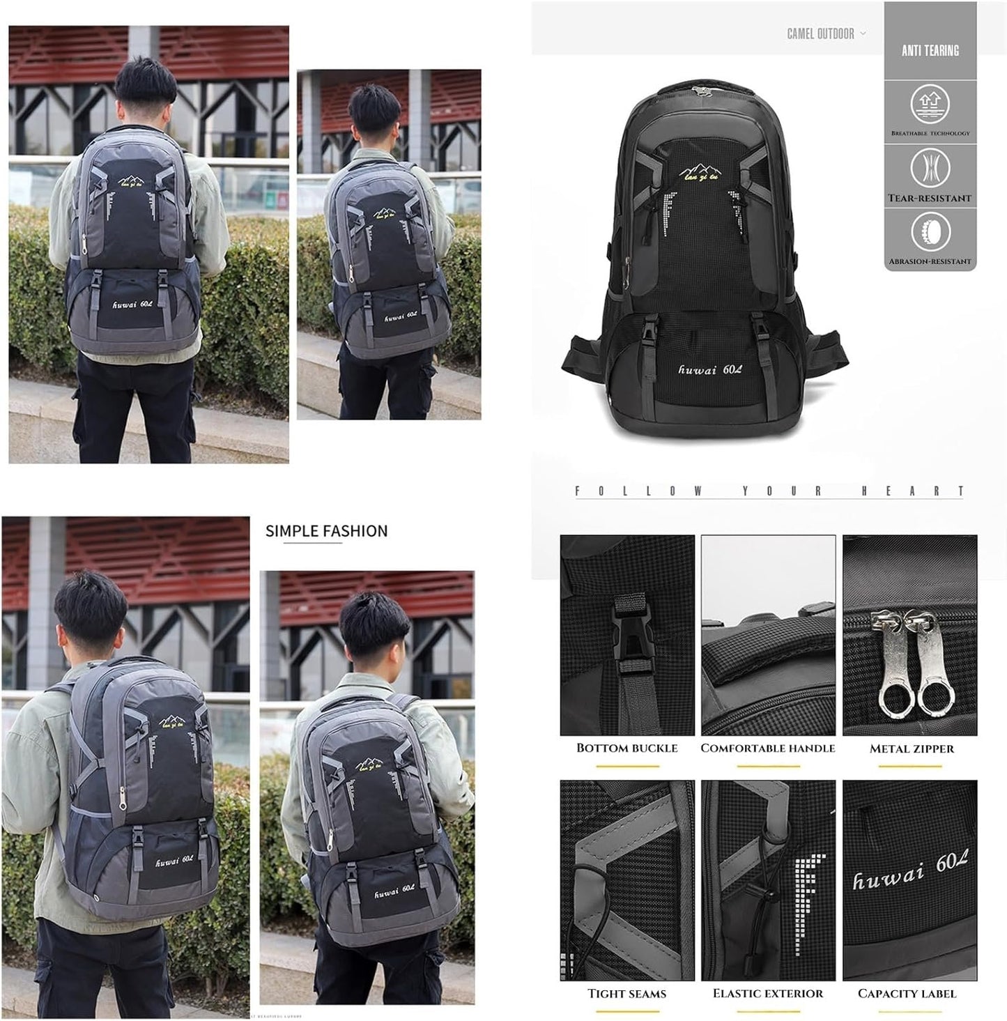 XCJump 60L Hiking Backpack Water Resistant Outdoor Sports Travel Daypack Bag Lightweight Bag For Women Men Mountaineering Camping Tourism