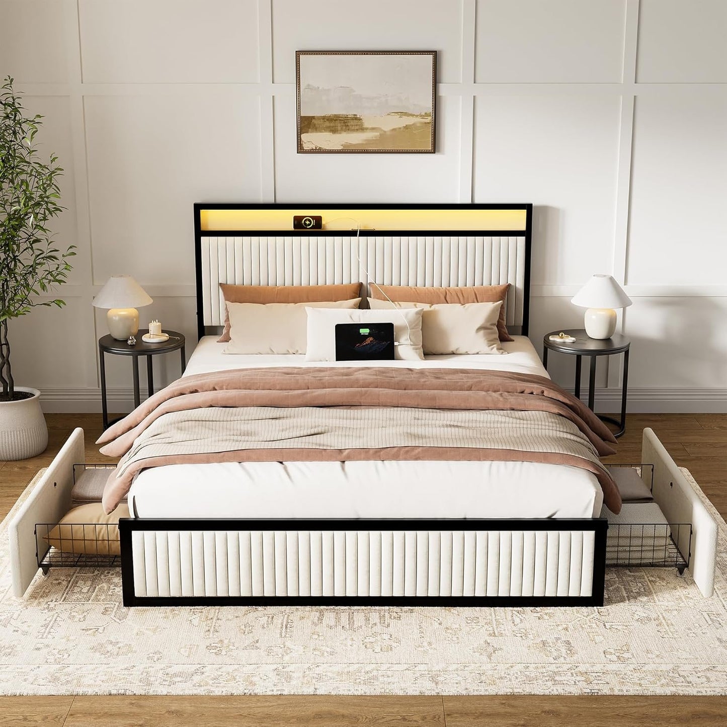 ROLETALENT Full Bed Frame with Headboard and 2 Storage Drawers, Upholstered Bed Frame Full Size with Charging Station & LED,Velvet Platform Bed Frame, Metal Support,No Box Spring Needed,Beige