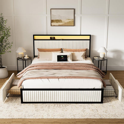 ROLETALENT Full Bed Frame with Headboard and 2 Storage Drawers, Upholstered Bed Frame Full Size with Charging Station & LED,Velvet Platform Bed Frame, Metal Support,No Box Spring Needed,Beige