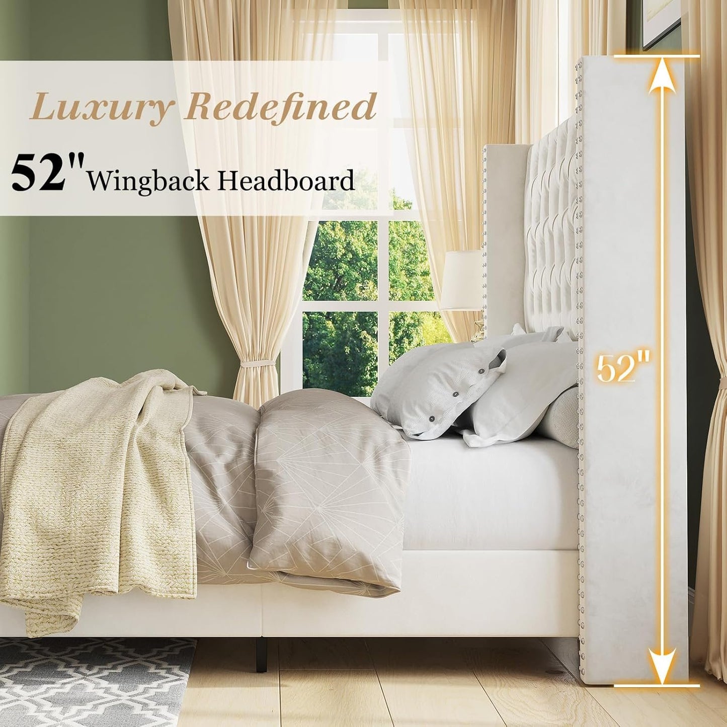 Jocisland Upholstered Bed Frame with Tall Headboard Wingback Platform Bed Tufted Deep Button Velvet/No Box Spring Needed/Easy Assembly (Cream, Queen)