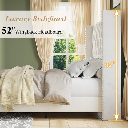 Jocisland Upholstered Bed Frame with Tall Headboard Wingback Platform Bed Tufted Deep Button Velvet/No Box Spring Needed/Easy Assembly (Cream, Queen)