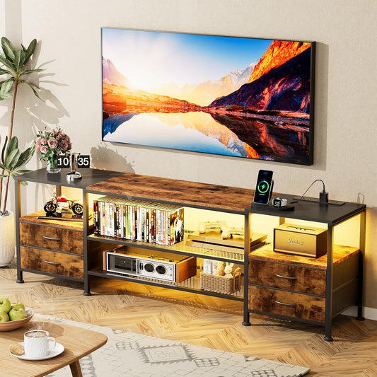Chleby Fabric Dresser with 4 Drawers TV Cabinet Fabric and Leather with Socket and LED Light Strip Fabric Chest of Drawers for Living Room, Bedroom, Children's Room, Brown