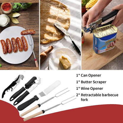 JiaoZoum Portable Camping Kitchen Utensil Set-27 Piece Cookware Kit, Stainless Steel Outdoor Cooking and Grilling Utensil Organizer Set for Travel, Picnics, Camping, BBQs, Parties