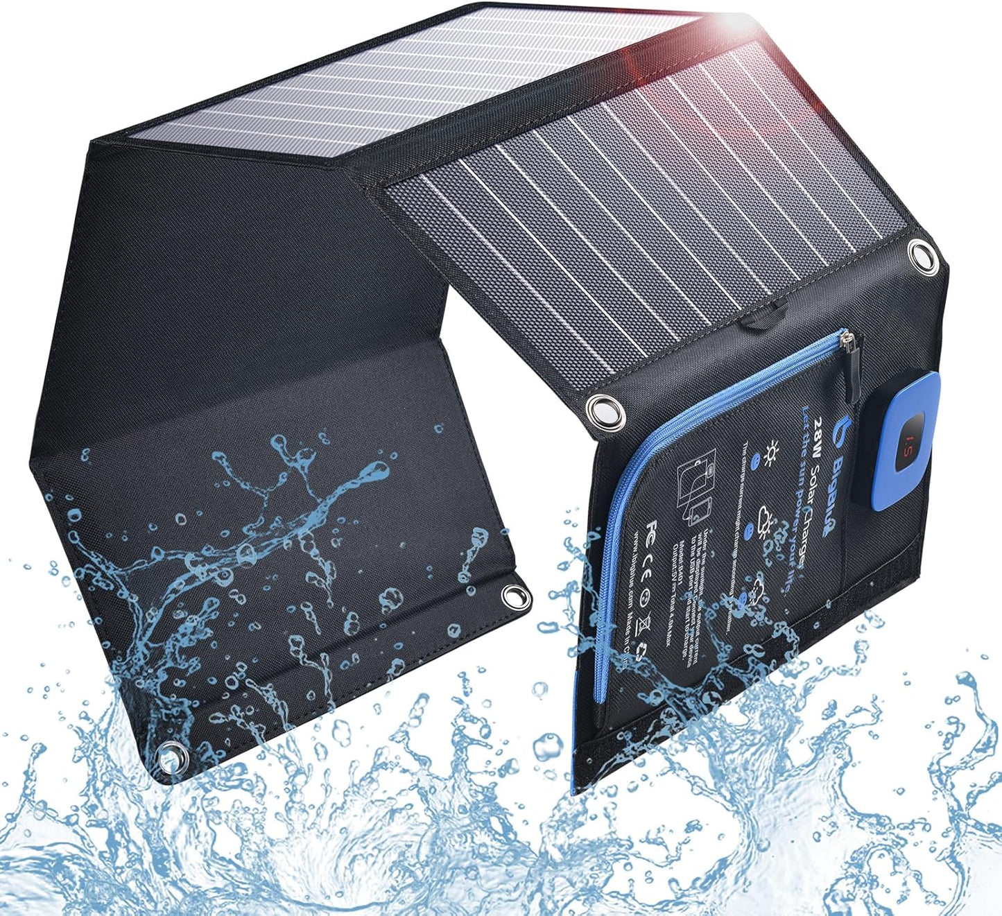 Solar Panels Charger with Digital Ammeter, BigBlue 28W SunPower Camping Solar Panel, Dual USB(5V/4A Overall), IPX4 Waterproof, Compatible with iPhone 13/11/Xs/X/8/7, iPad, Samsung Galaxy, Google Pixel