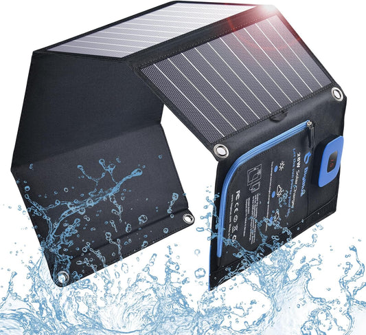 Solar Panels Charger with Digital Ammeter, BigBlue 28W SunPower Camping Solar Panel, Dual USB(5V/4A Overall), IPX4 Waterproof, Compatible with iPhone 13/11/Xs/X/8/7, iPad, Samsung Galaxy, Google Pixel