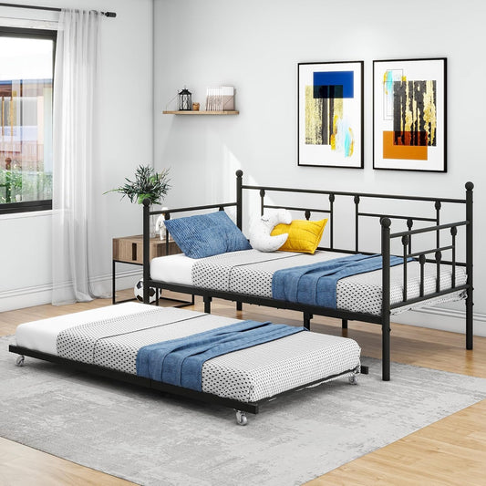 VERFARM Twin Size Metal Daybed Frame with Trundle, Premium Steel Slat Support, Multifunctional Mattress Foundation, Heavy-Duty Twin Day Bed Sofa with Headboard for Living Room Guest Room Bedroom