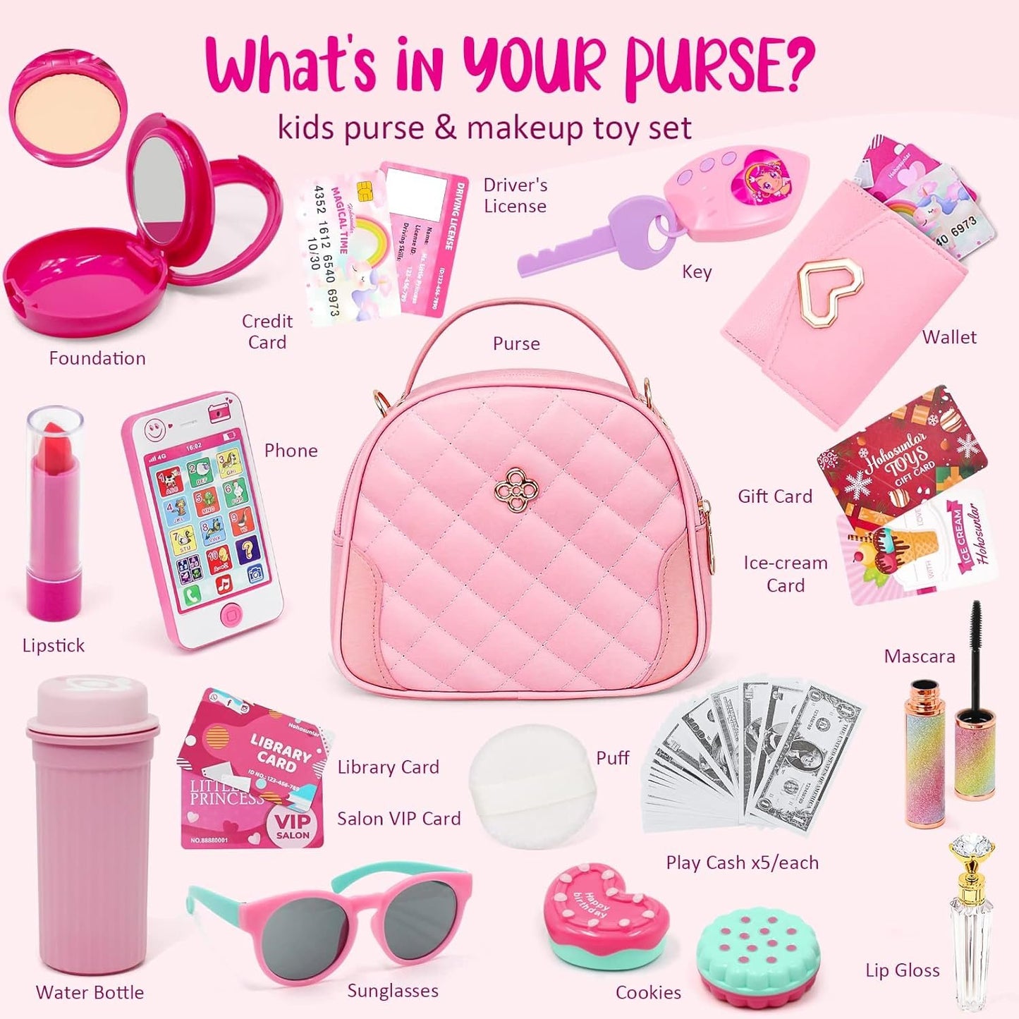 Kids Pretend Play Little Girl Purse Accessories, Princess Toy Cell Phone w/ Light & Sound, Fake Makeup, Wallet, Keys, Credit Card, Play Water Bottle Valentine Birthday Gift Toys for Girls