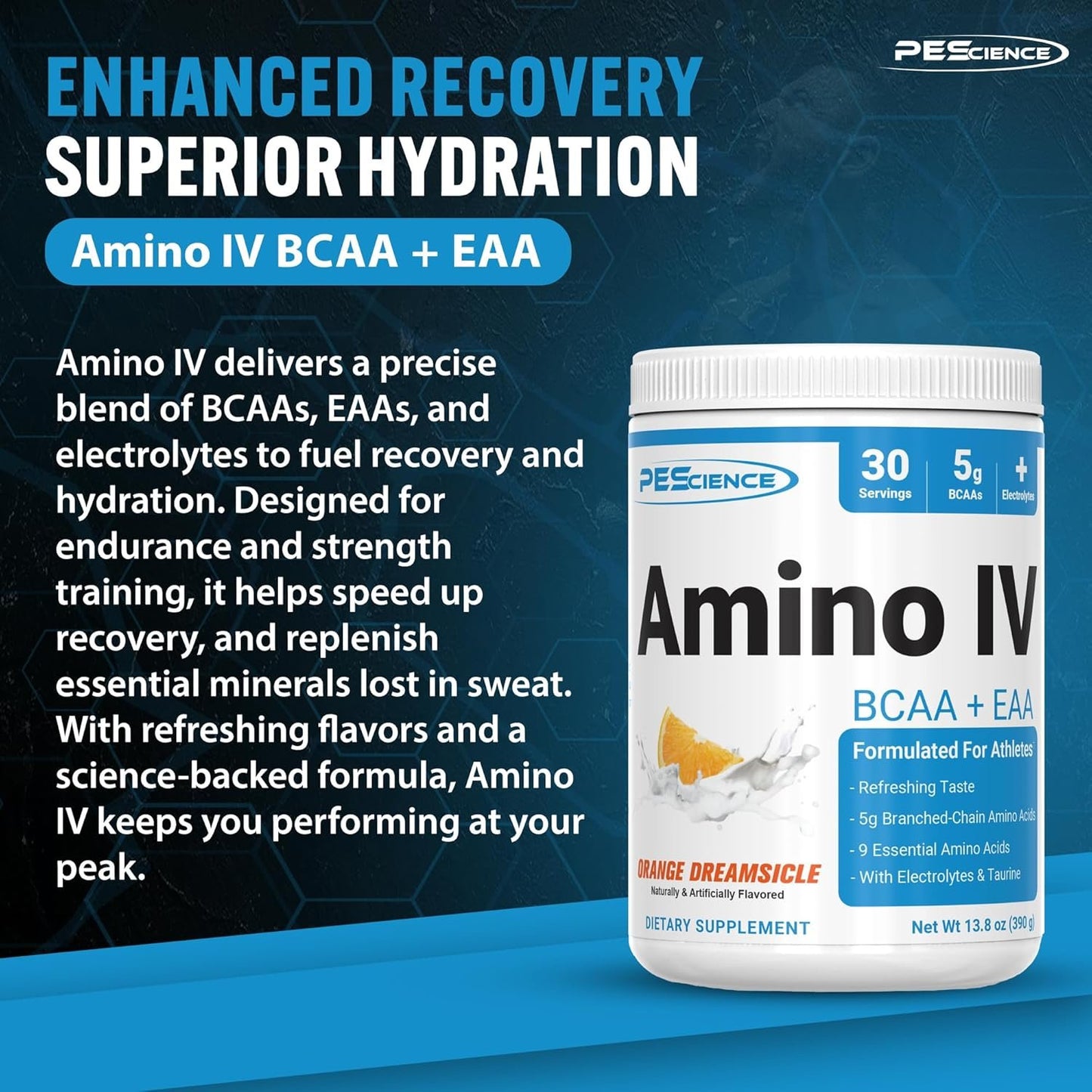 PEScience Amino IV, BCAA and EAA Powder with Electrolytes, 30 Servings, Orange Dreamsicle
