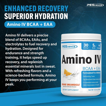 PEScience Amino IV, BCAA and EAA Powder with Electrolytes, 30 Servings, Orange Dreamsicle