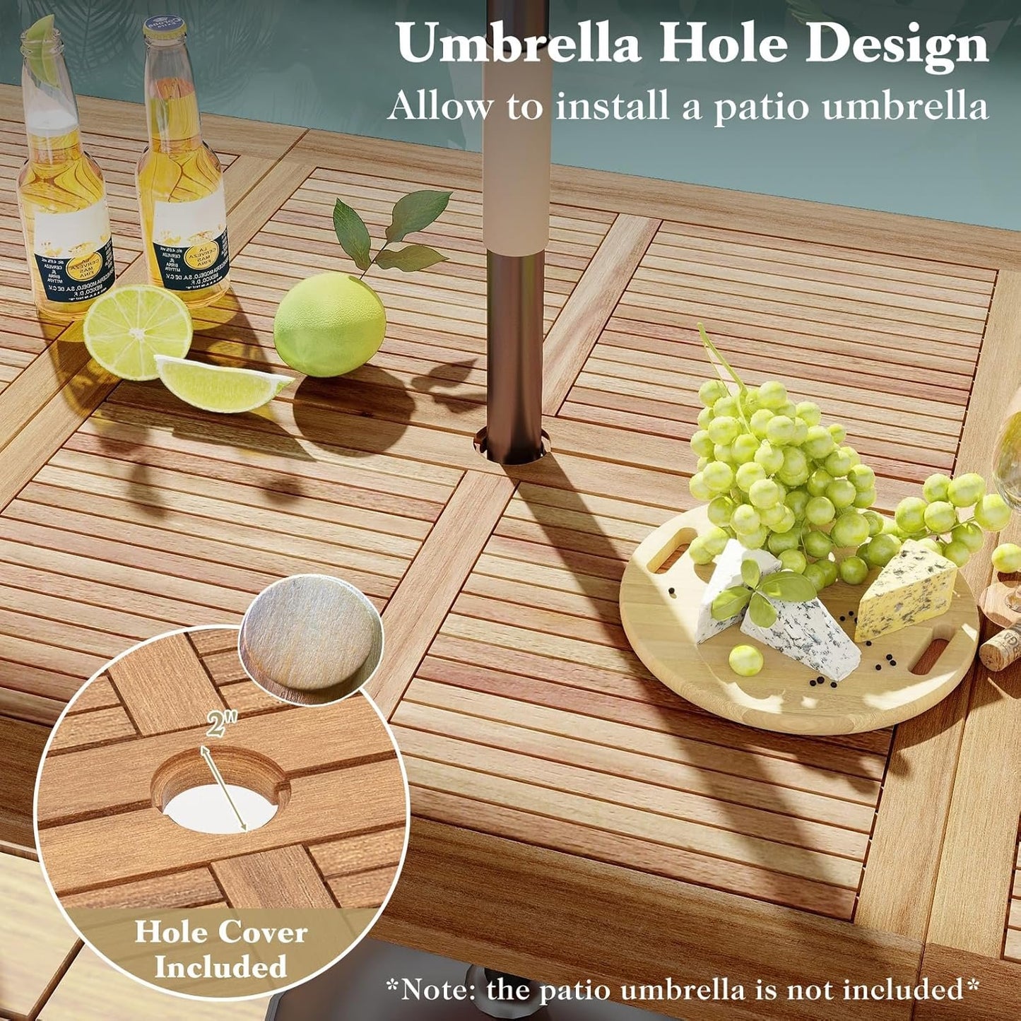 Tangkula 86.5-Inch Patio Dining Table, Indoor & Outdoor Dining Table w/Acacia Wood Tabletop & Metal Legs, Rectangular Wood Table w/Umbrella Hole for Patio Yard Deck, for 8 People