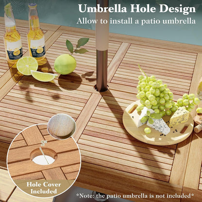 Tangkula 86.5-Inch Patio Dining Table, Indoor & Outdoor Dining Table w/Acacia Wood Tabletop & Metal Legs, Rectangular Wood Table w/Umbrella Hole for Patio Yard Deck, for 8 People