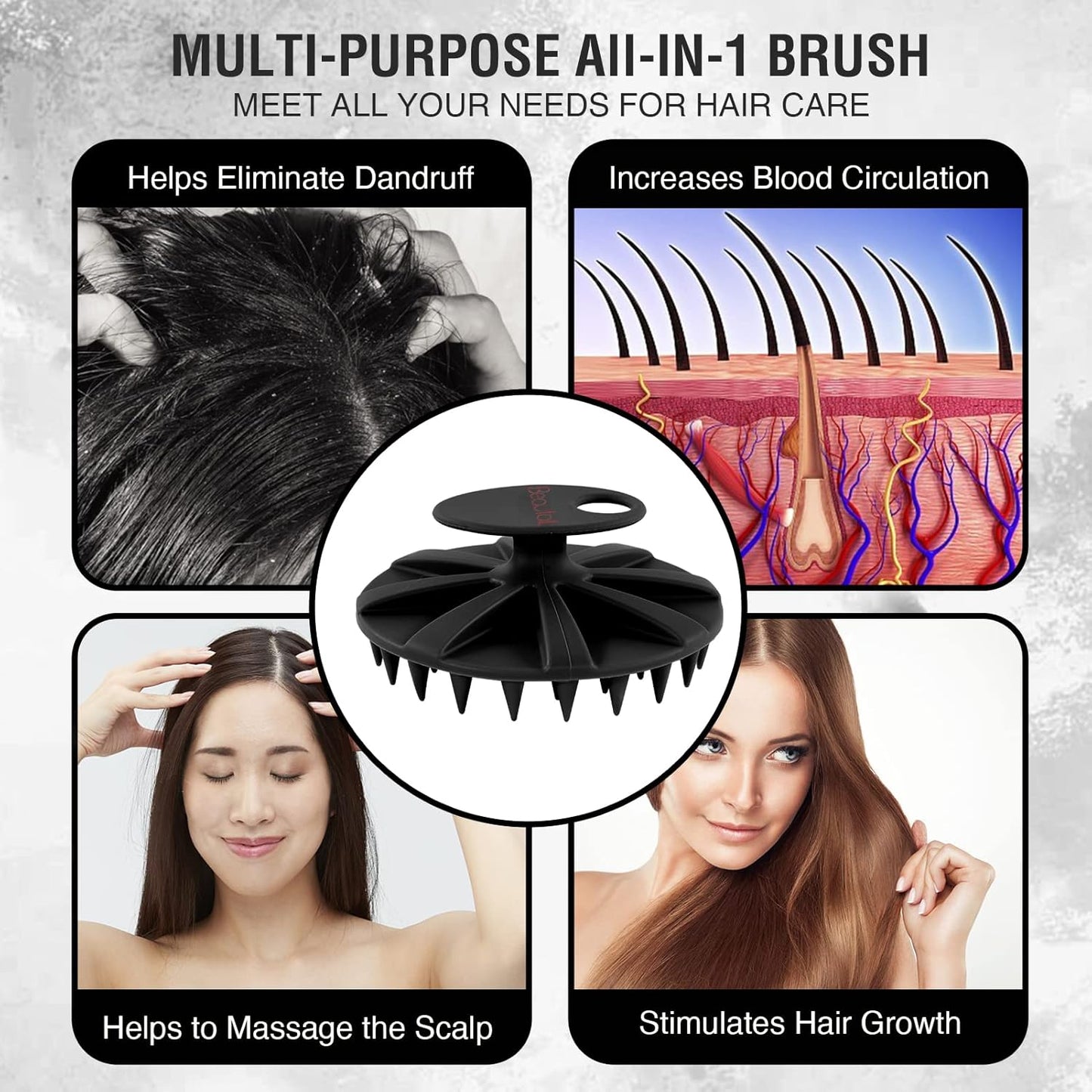 BEAUTAIL Hair Scalp Massager Shampoo Brush, Soft Silicone Head Care Scrubber and Exfoliator for Dandruff Removal and Hair Growth, Shower Washing Hair Scrub Brush Tool for Women Men Pet, 1 Pack, Black