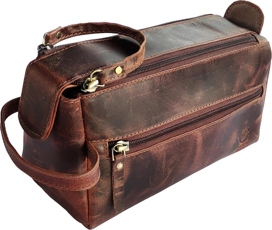Genuine Leather Travel Toiletry Bag - Hygiene Organizer Dopp Kit by Rustic Town