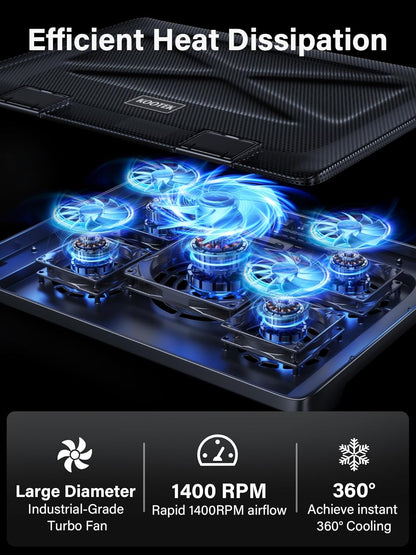Kootek Laptop Cooling Pad 12-17 Cooler Pad Chill Mat 5 Quiet Fans LED Lights and 2 USB 2.0 Ports Adjustable Mounts Laptop Stand Height Angle