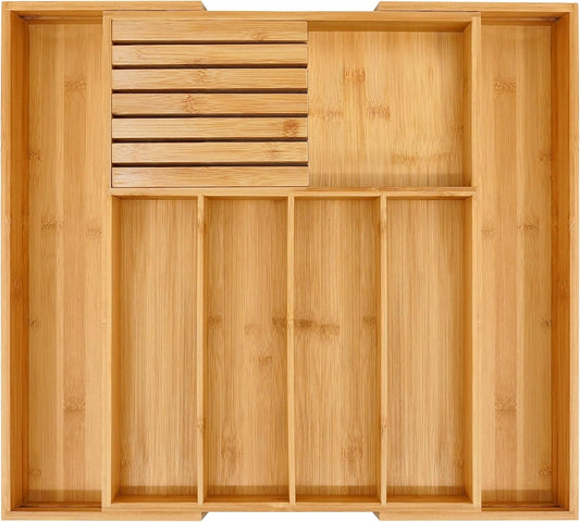 VaeFae Bamboo Cutlery Organizer for Kitchen, Wooden Utensil Drawer Organizer, Expandable Cutlery Tray, Utensil Organizer with Removable Knife Block