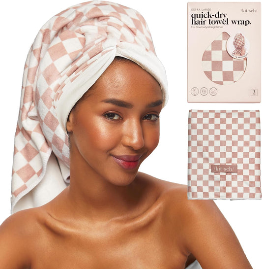 Kitsch XL Microfiber Hair Towel Wrap for Women - Microfiber Towel, Super Absorbent, Quick Dry, Anti-Frizz - for Long & Short Hairs, Turbans for Women - Terracotta Checker